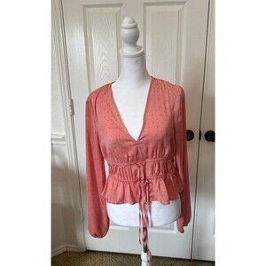 Blush Pink Polka Dot Peplum Blouse – V-Neck Tie Waist Top